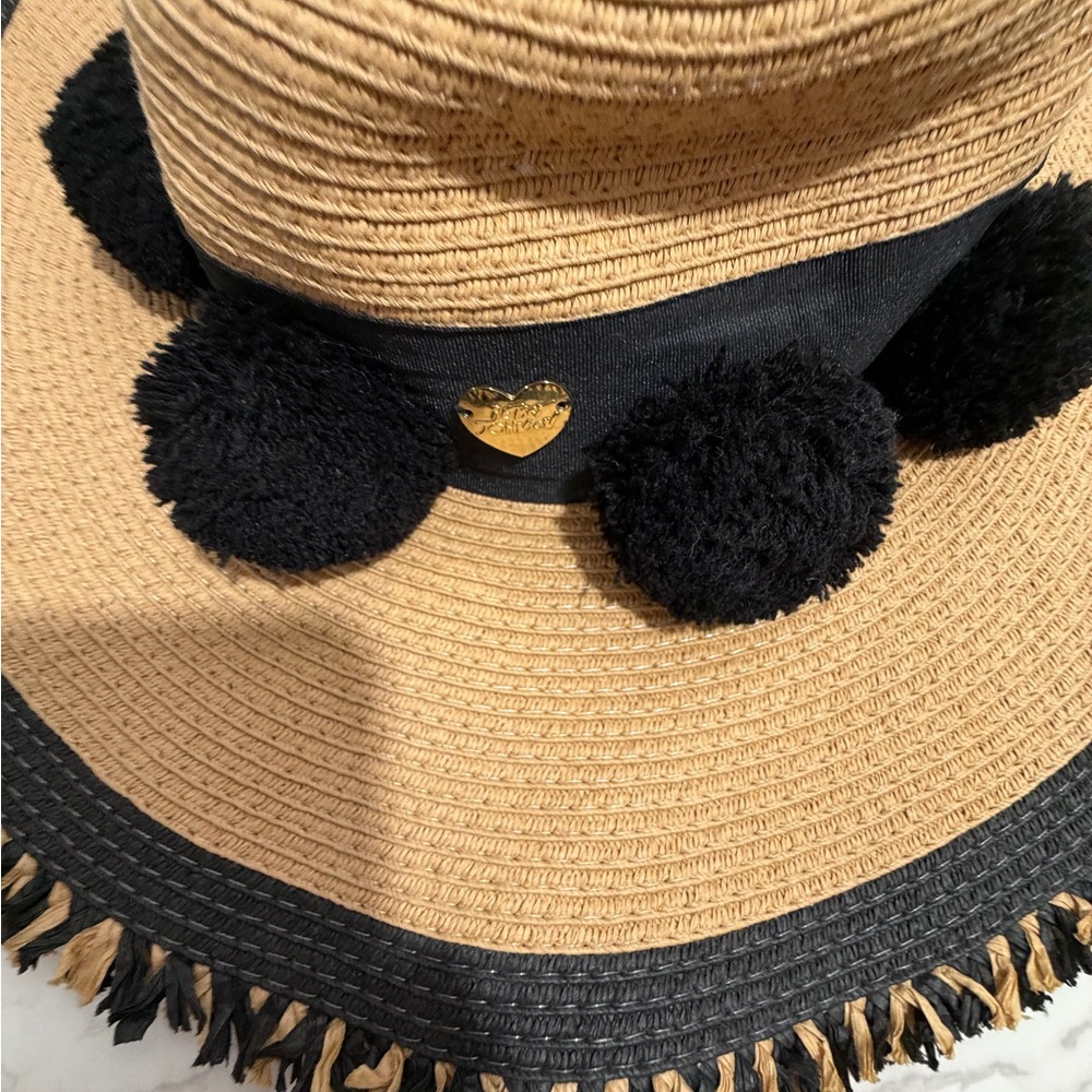 Betsy Johnson Raffia Straw Sun Hat with Black Pom-Pom Trim -- OS - Picture 5 of 8
